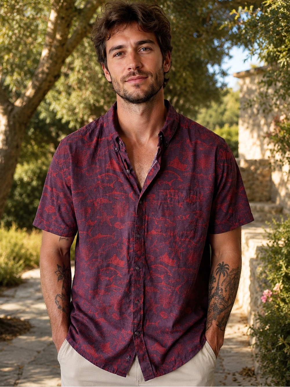 Hurley Men’s Burgundy and Red Short-Sleeve Button-Down Shirt